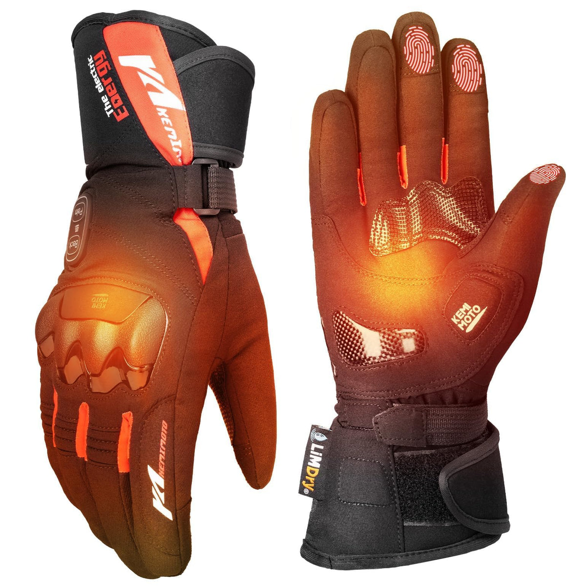 KEMIMOTO heated gloves show full back and palm heat for steady warmth on rides