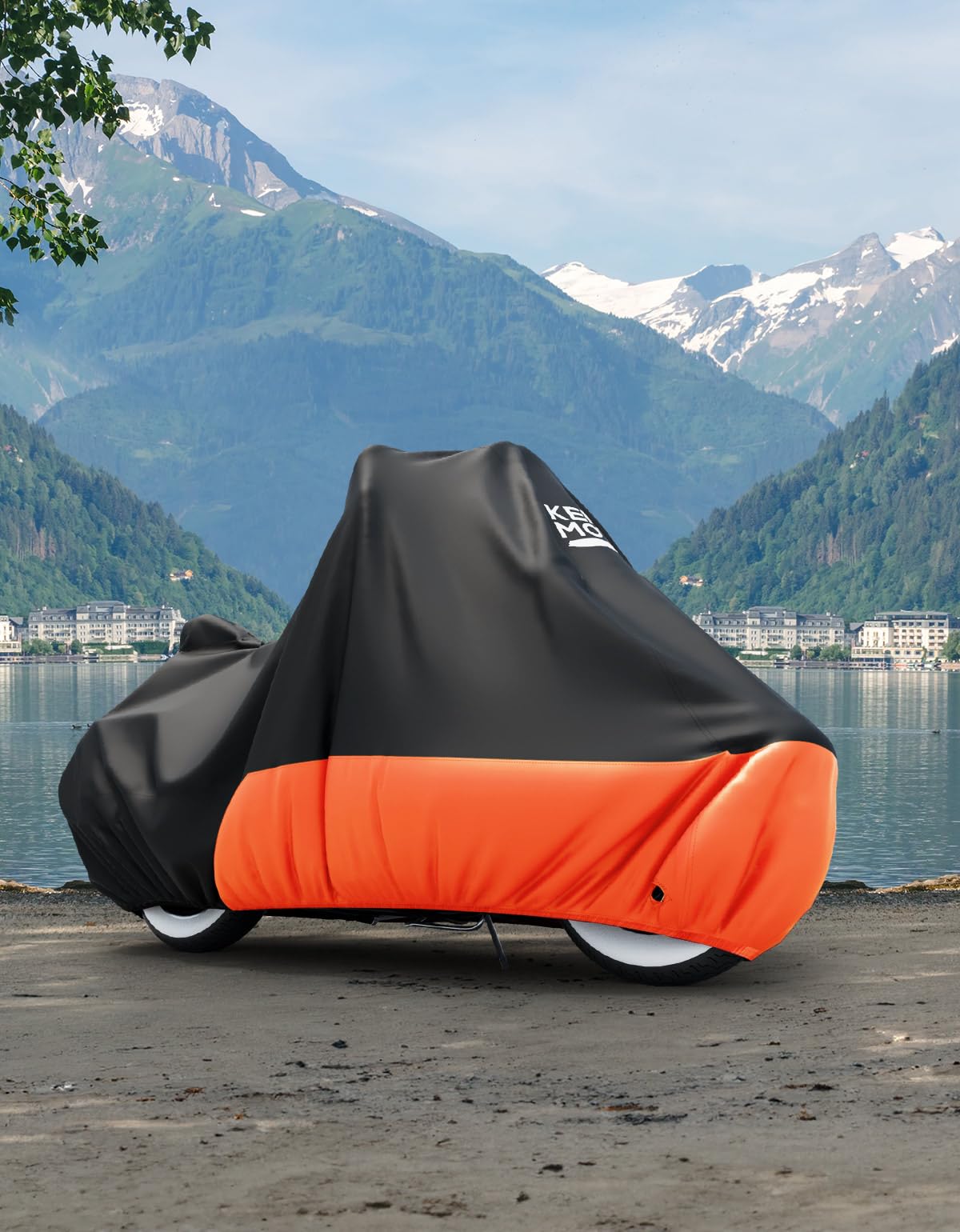 KEMIMOTO easy-on-off heavy-duty cover shown on a parked motorcycle
