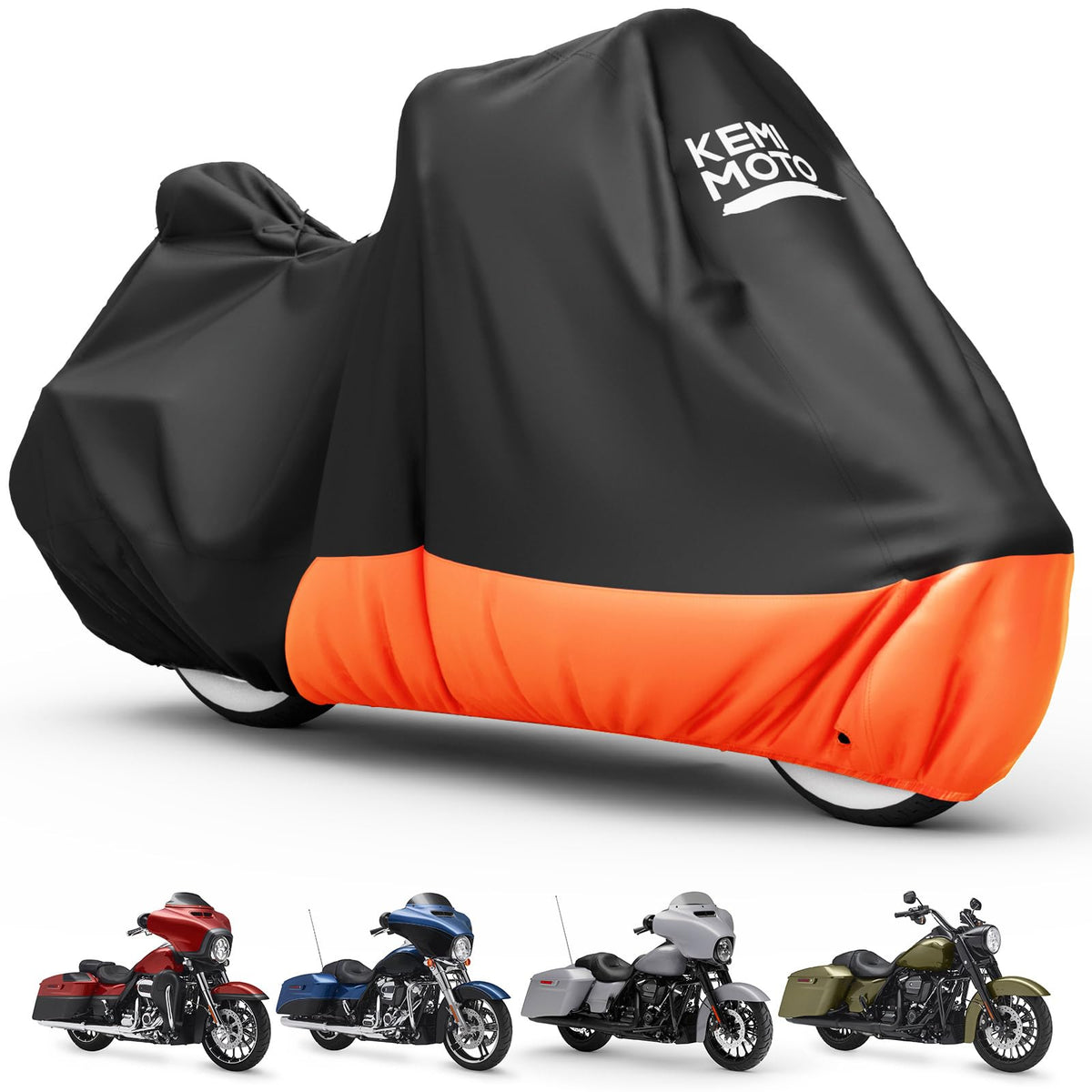 KEMIMOTO heavy-duty cover on a touring motorcycle with a side box protects from rain