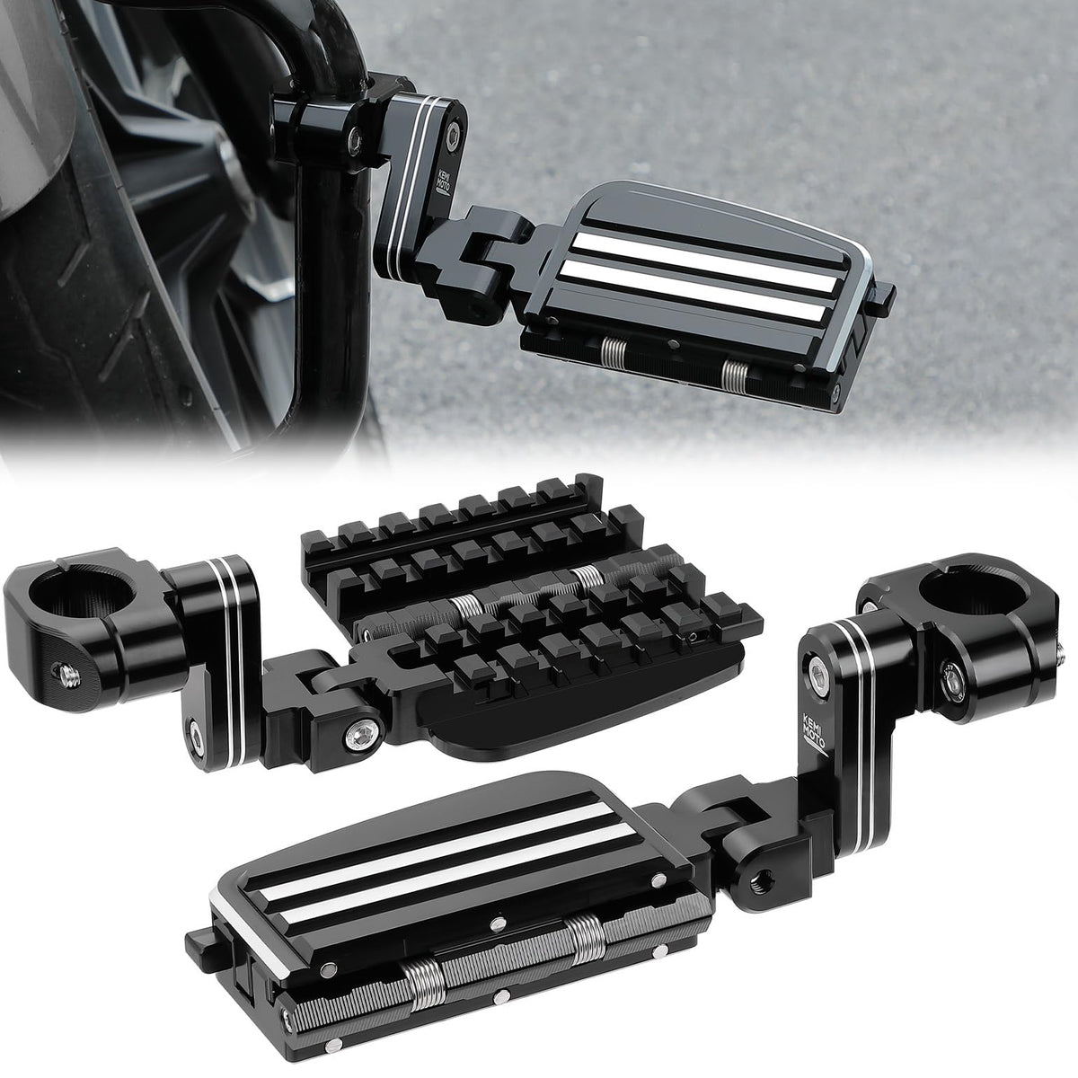KEMIMOTO highway pegs angled for comfortable long-ride positioning on a Road Glide