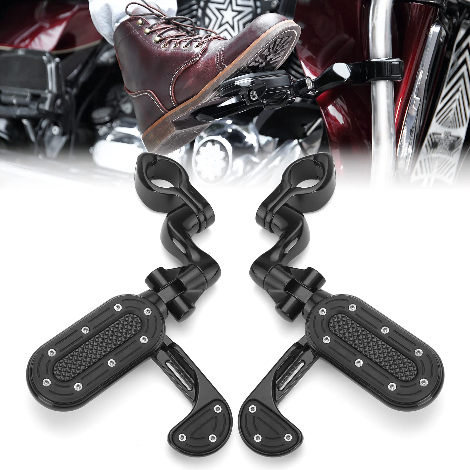 KEMIMOTO highway pegs mounted on the left side of a 1.25" engine guard for leg stretch on long rides.