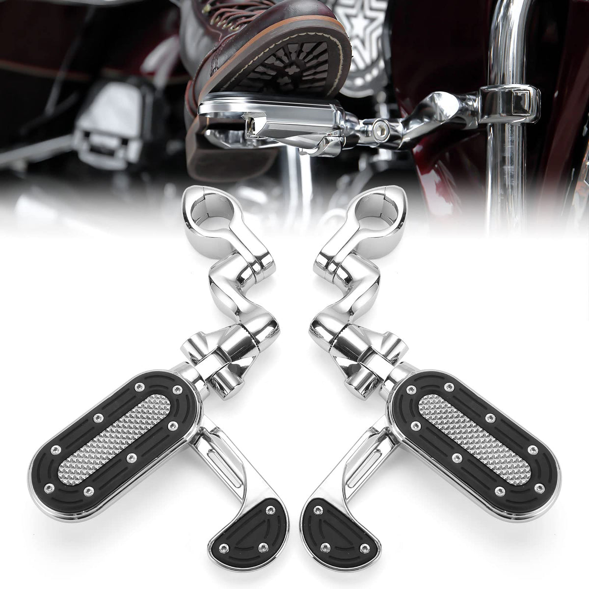 KEMIMOTO highway pegs left side on chrome guard for extended leg position