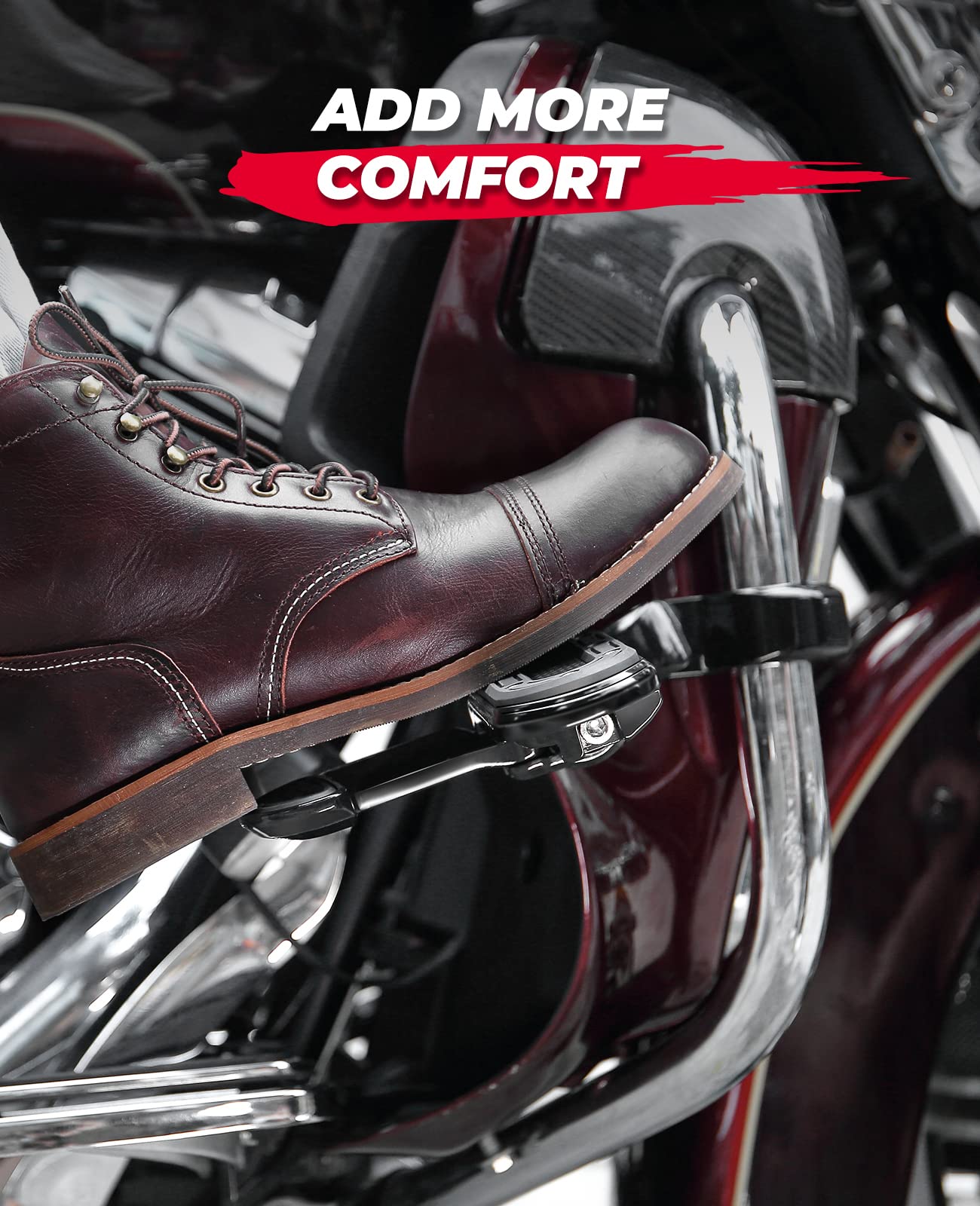 KEMIMOTO highway pegs mounted on the right side of a 1.25" engine guard for balance and comfort.