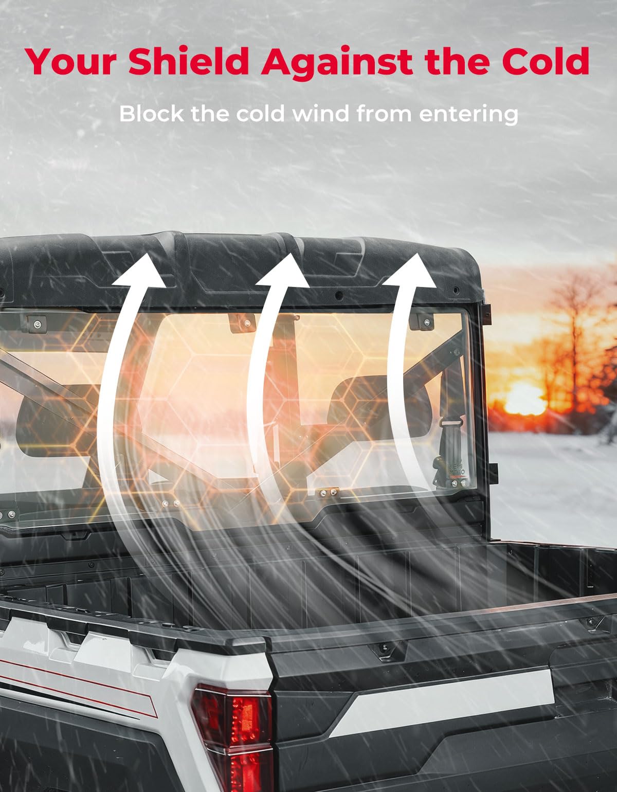 KEMIMOTO rear window side view highlights tight seal and wind protection.