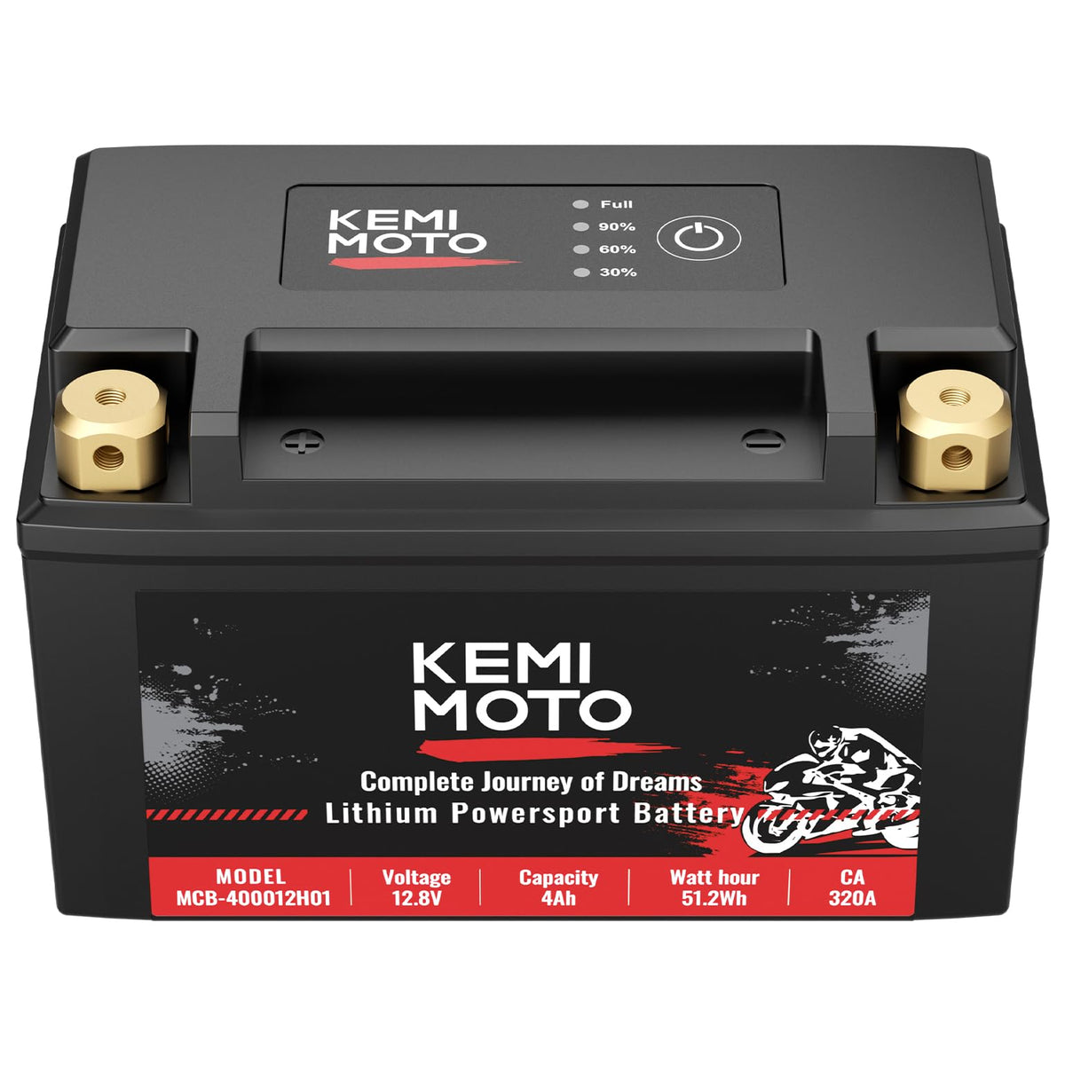 KEMIMOTO lithium battery precharged display shows readiness for quick starts