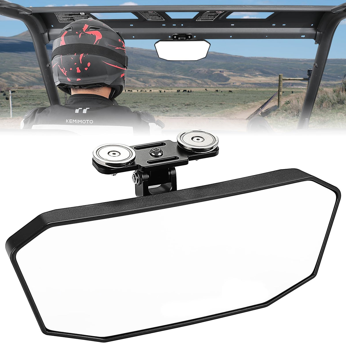 KEMIMOTO magnetic rear view mirror on a tractor for a wider field of view.