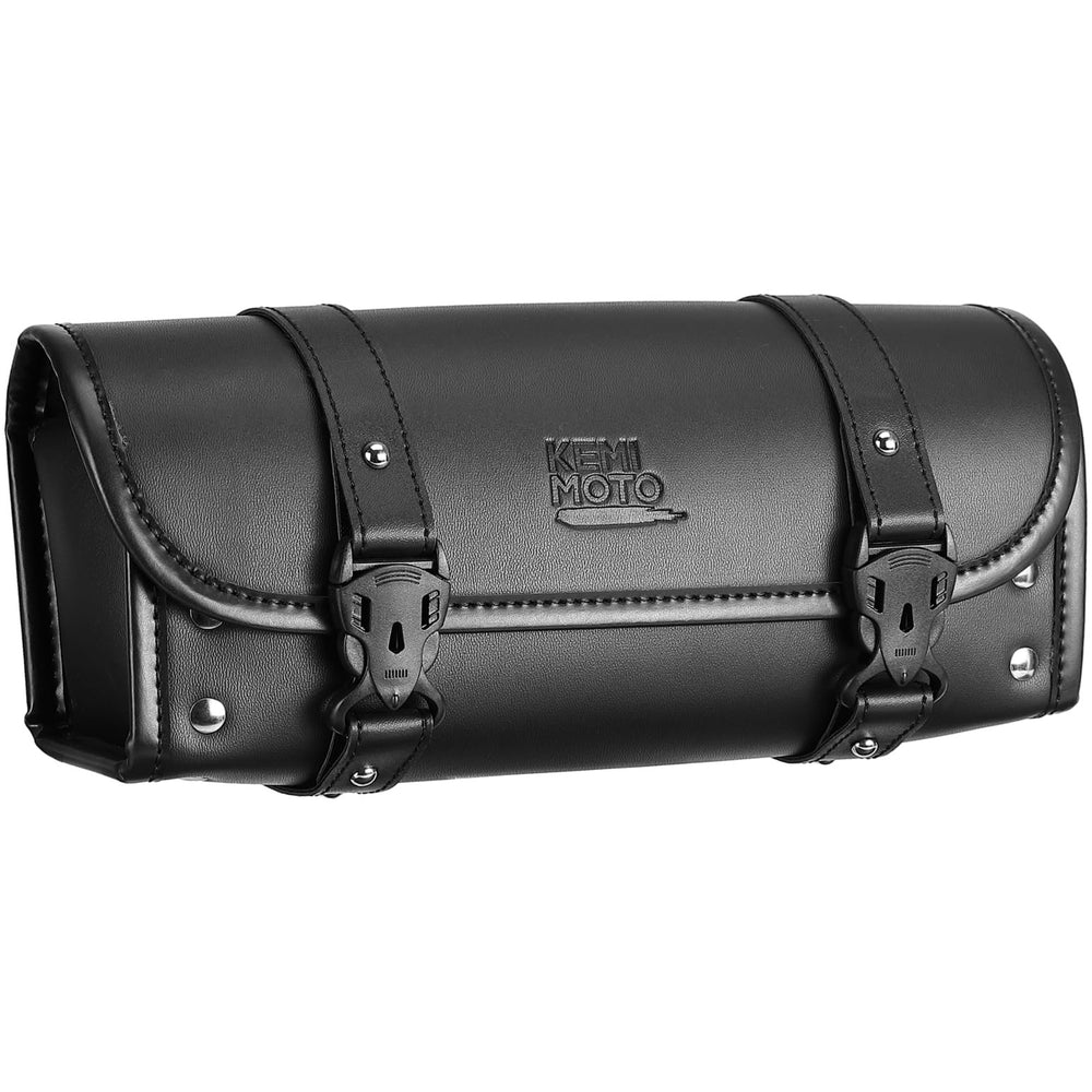 KEMIMOTO fork tool bag mounted on front fork with quick-release buckle for easy access.