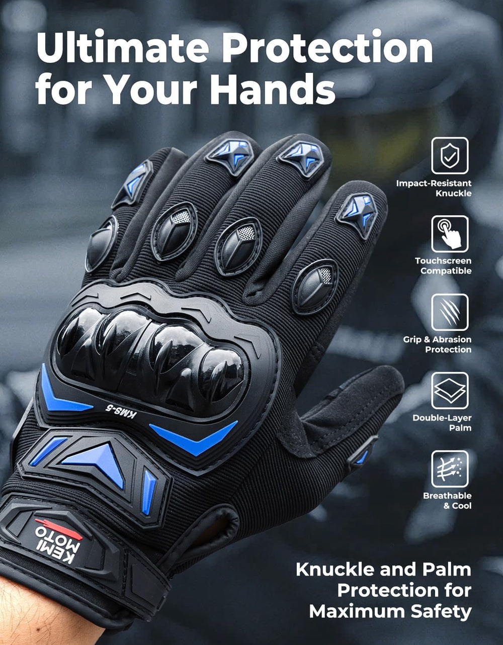 KEMIMOTO gloves backhand protection shields hands from impacts.