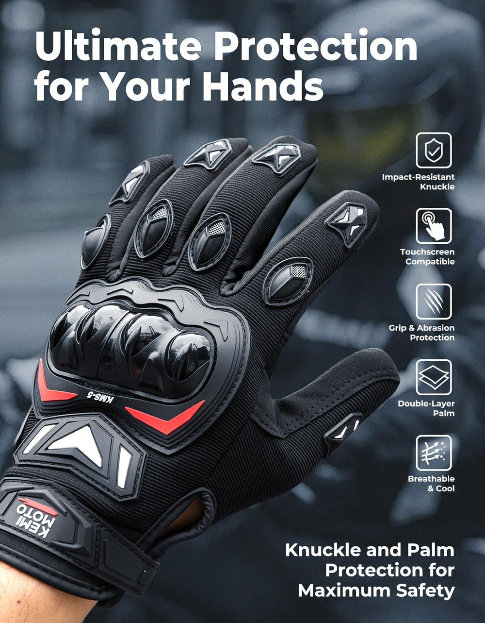 KEMIMOTO motorcycle gloves backhand protection shield for safer rides.