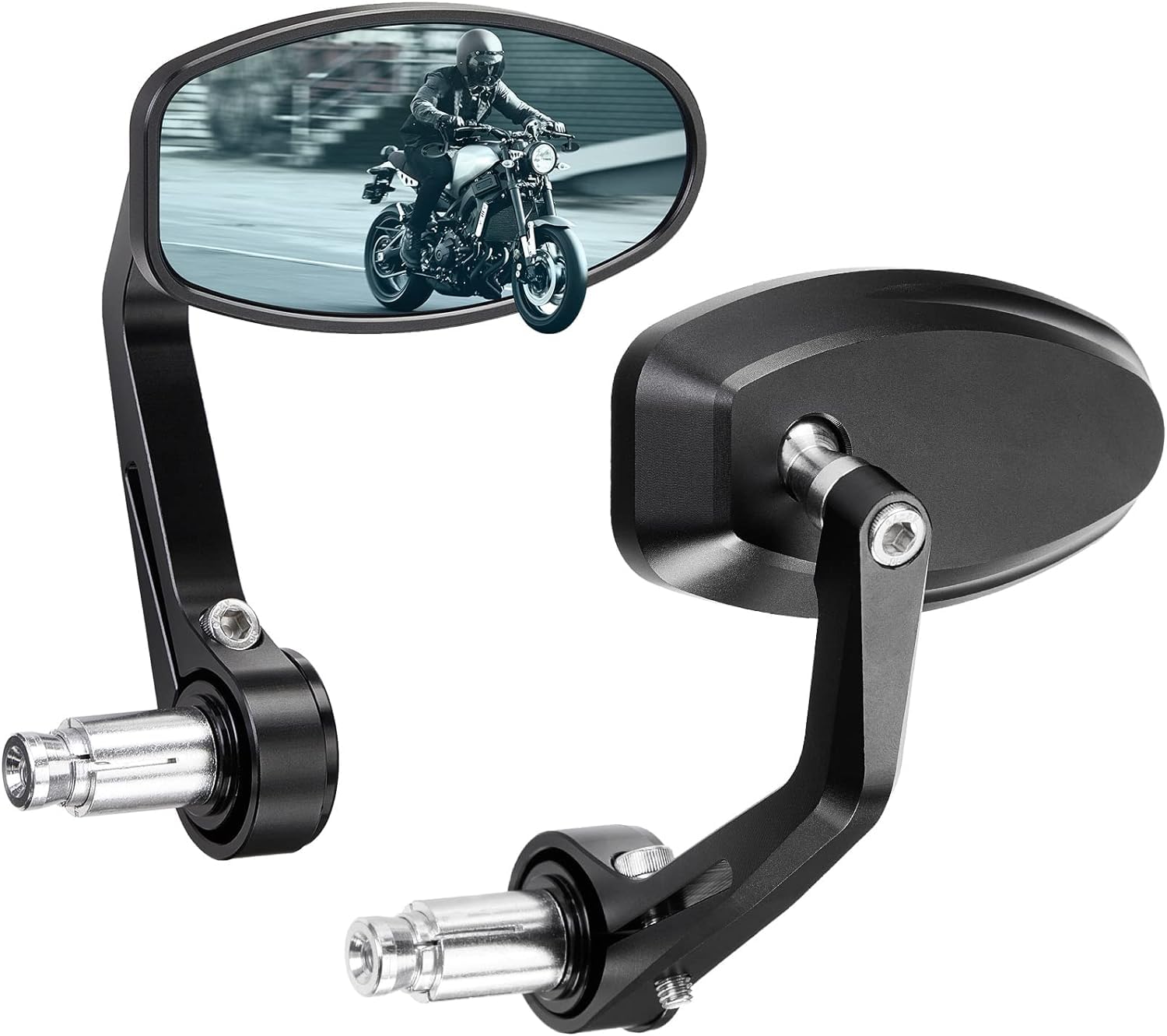 KEMIMOTO bar end mirror with blue lens on left enhances rear visibility