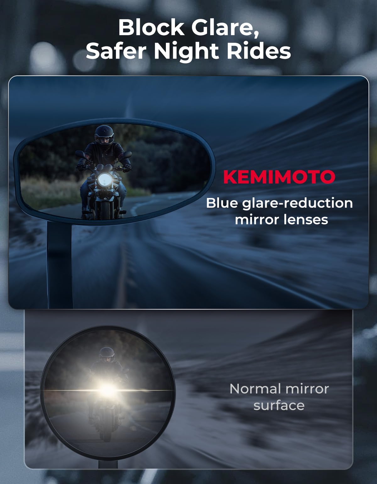 KEMIMOTO bar end mirror with blue lens on right enhances awareness
