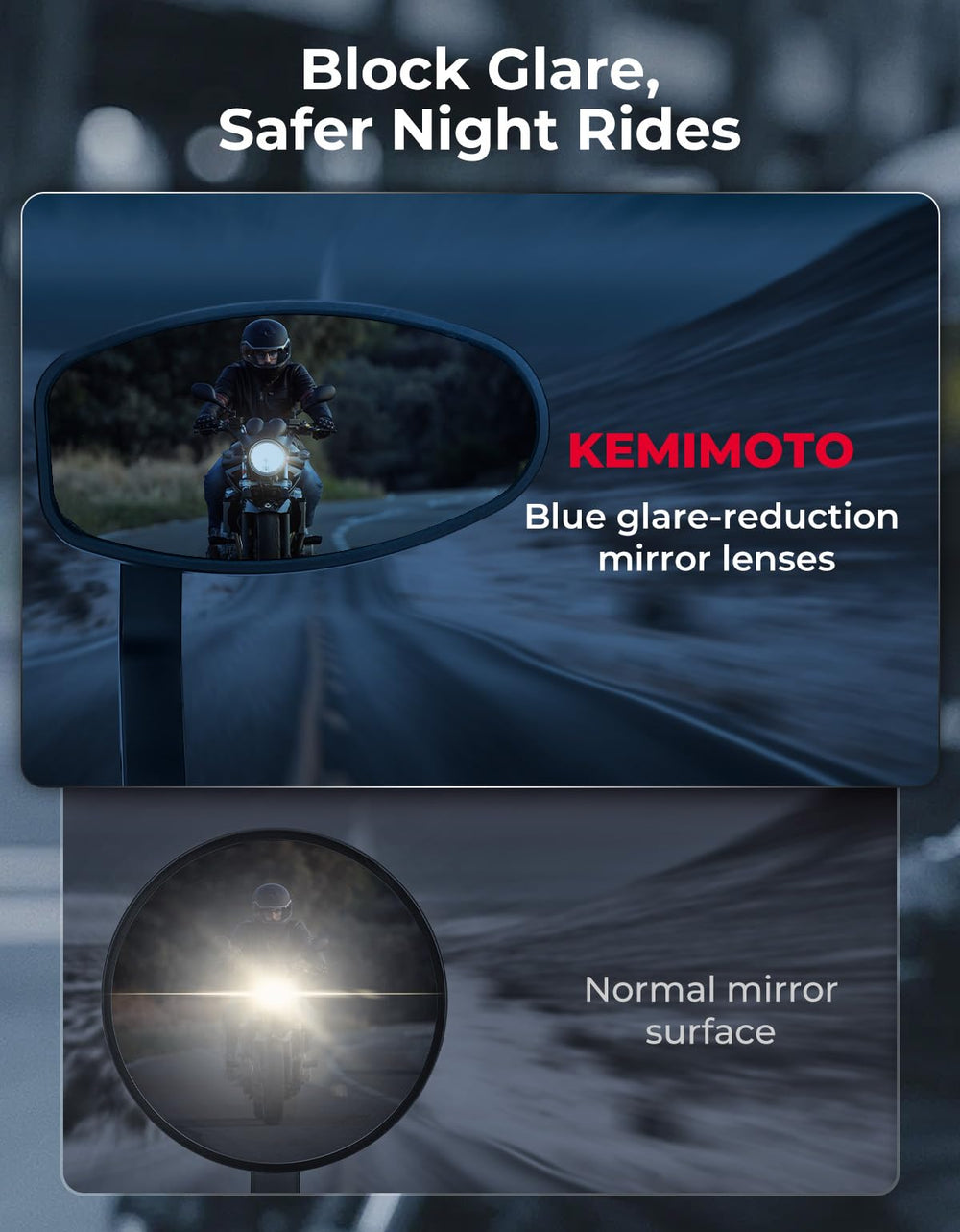 KEMIMOTO bar end mirror with blue lens on right enhances awareness