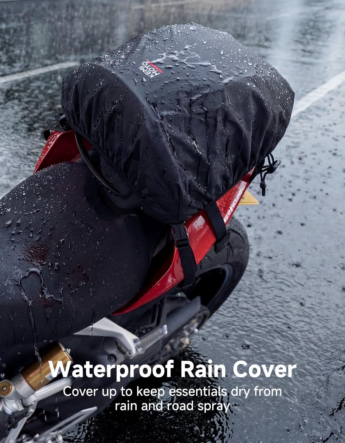 KEMIMOTO tail bag with rain cover ready for heavy showers