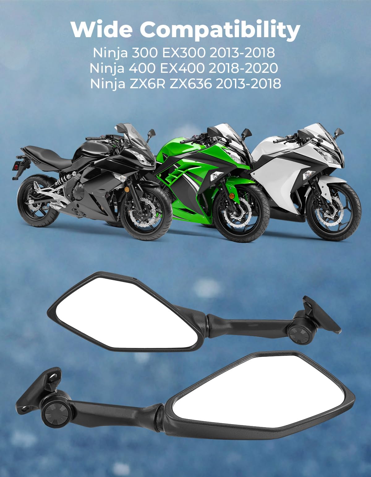 KEMIMOTO Ninja 300 high-visibility mirrors for safer highway rides.