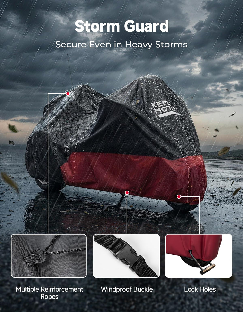 KEMIMOTO 420D Oxford fabric black-red panel reinforces durability against wear.