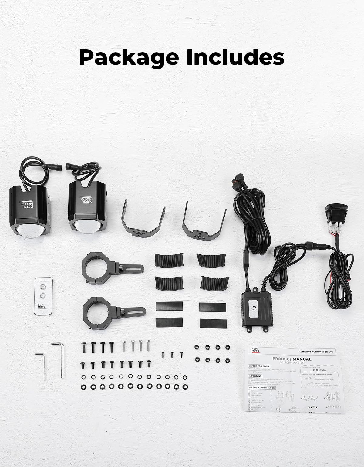 KEMIMOTO package includes two lights, clamps, remote, and hardware