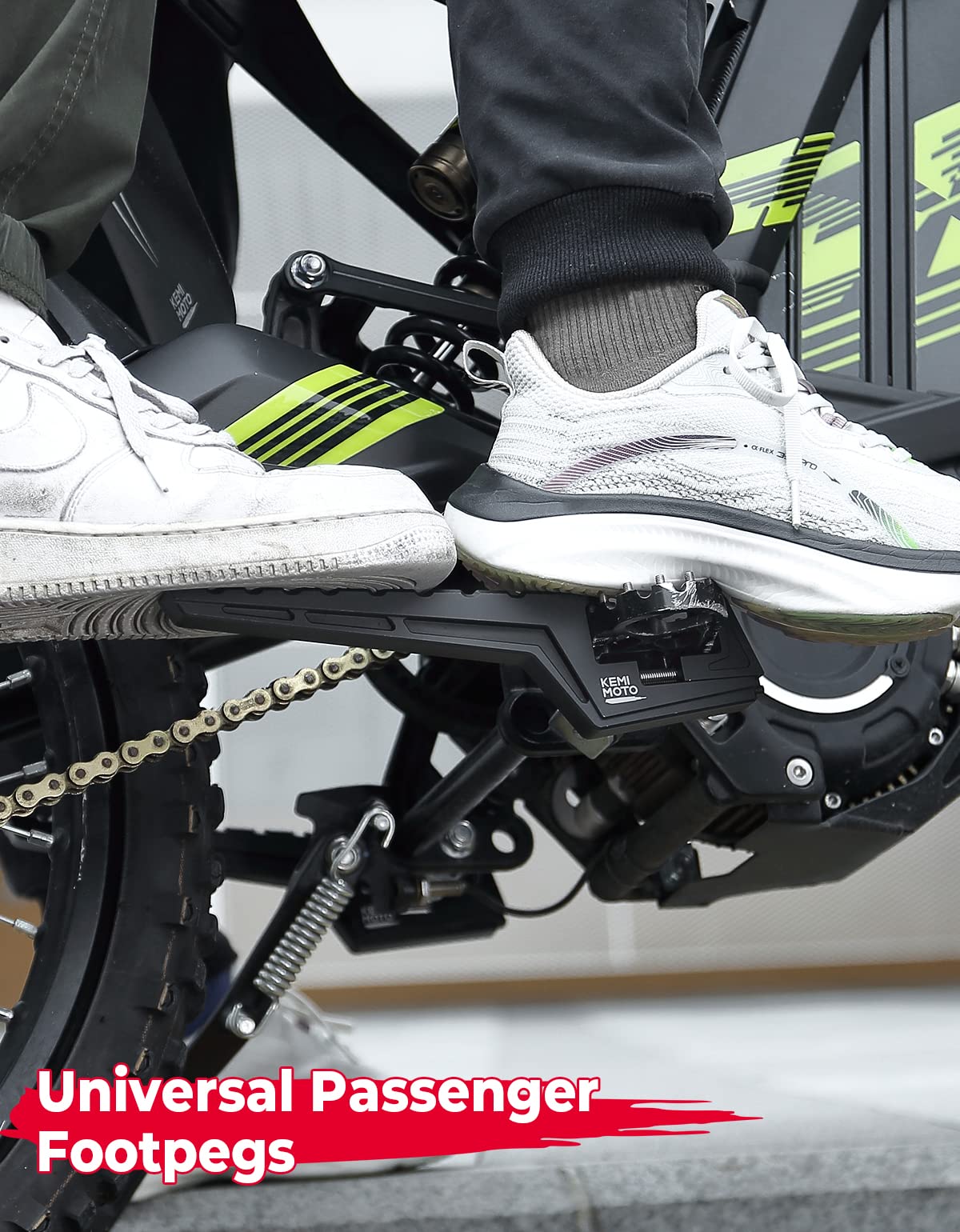 KEMIMOTO passenger footpegs in use on a muddy trail provide reliable foot support.