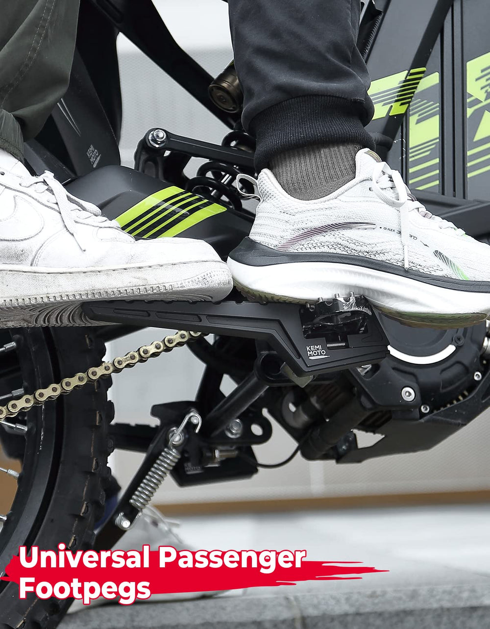 KEMIMOTO passenger footpegs in use on a muddy trail provide reliable foot support.