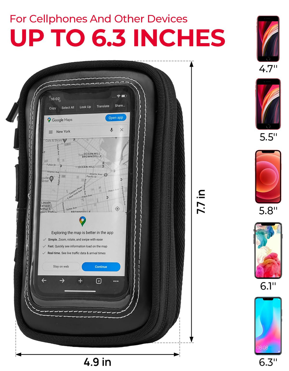 KEMIMOTO 6.3-inch bag fits phones up to that size securely.