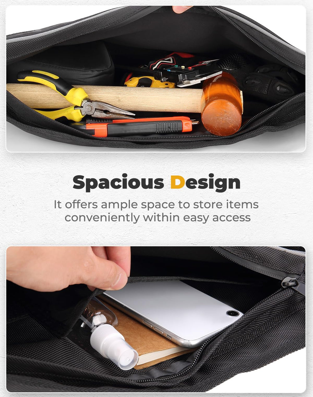 KEMIMOTO PRO XP front door bags interior layout with 5L capacity and mesh pocket.