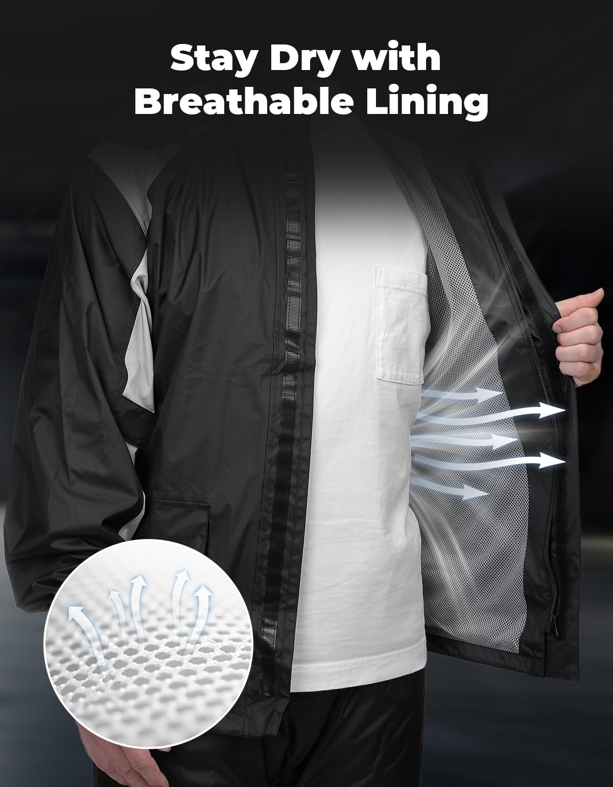 KEMIMOTO rain gear back ventilation panels support airflow and rider comfort.