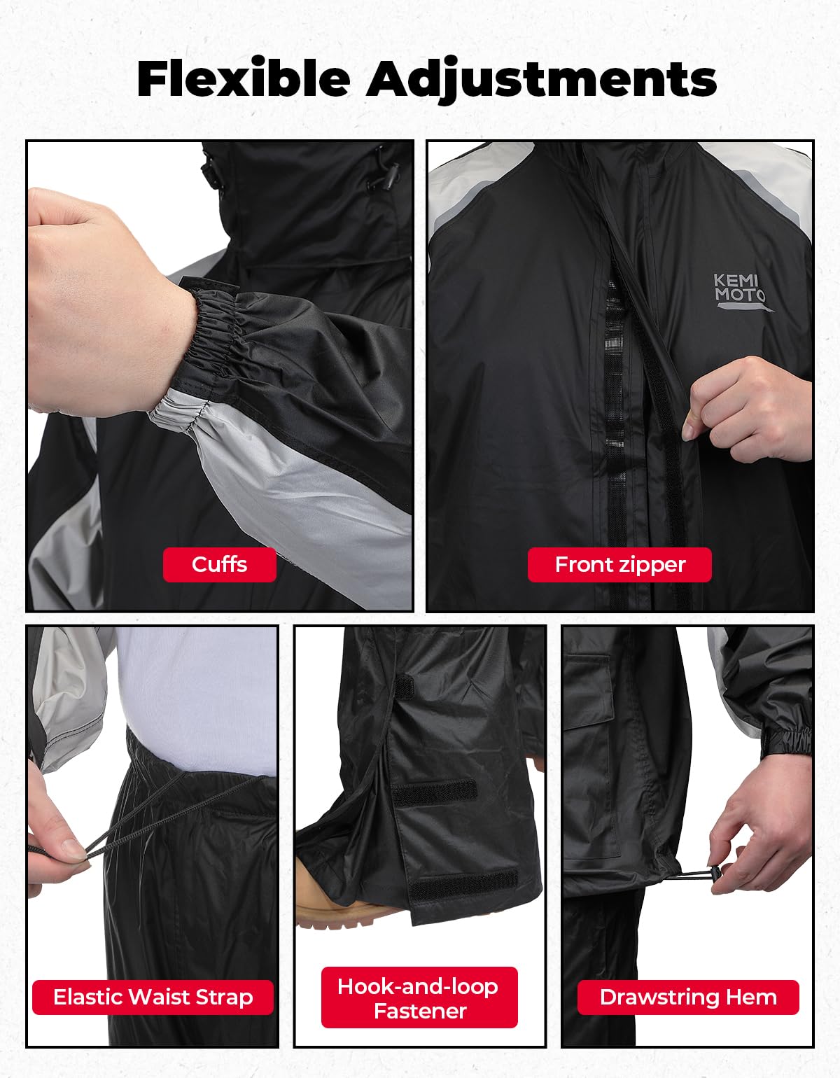 KEMIMOTO rain gear reflective strips on front and back boost night visibility.
