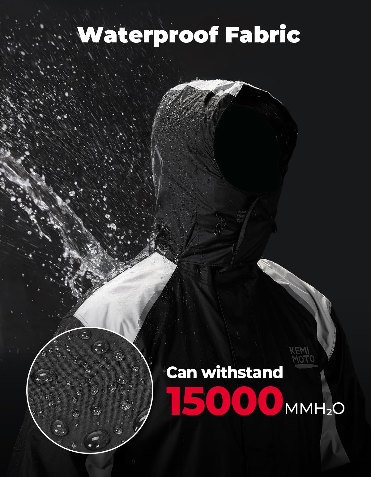 KEMIMOTO men's rain pants demonstrate full waterproof protection for wet rides.