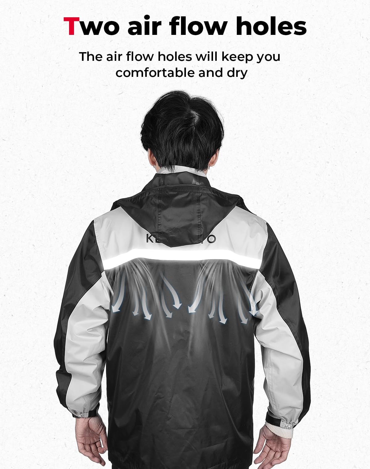 KEMIMOTO rain-suit jacket detail reveals glued seams for waterproofing
