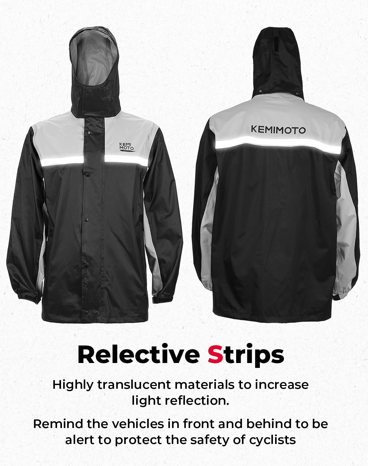 KEMIMOTO rain-suit pants detail shows adjustable cuffs and tuck-in design