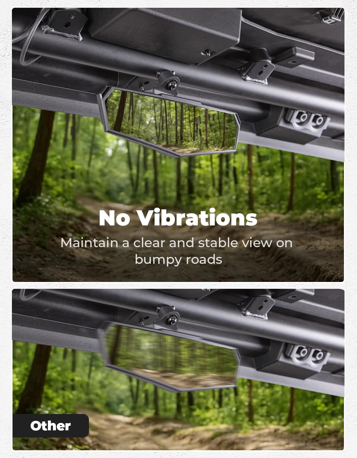 KEMIMOTO rear view mirror no-vibration design keeps steady view on rough terrain.