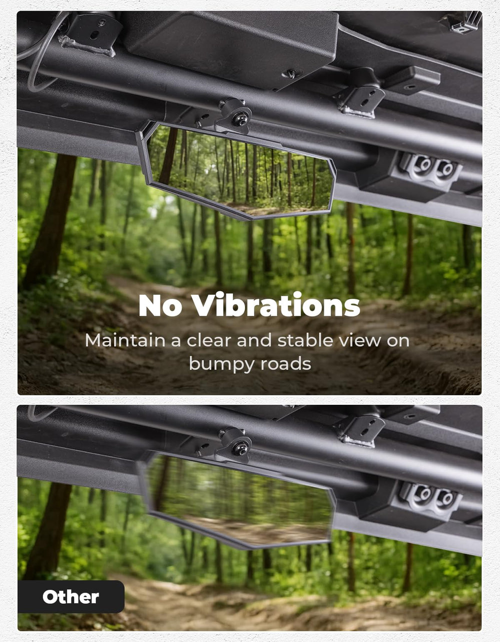 KEMIMOTO rear view mirror no-vibration design keeps steady view on rough terrain.