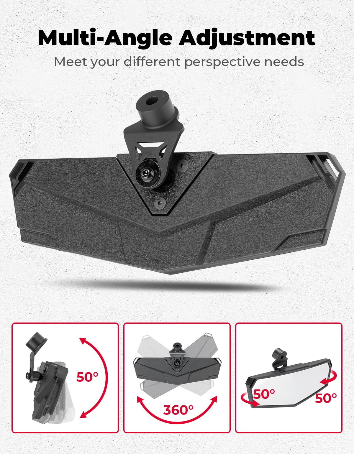 KEMIMOTO rear view mirror shows three-angle adjustment for expanded rear visibility and reduced blind spots.