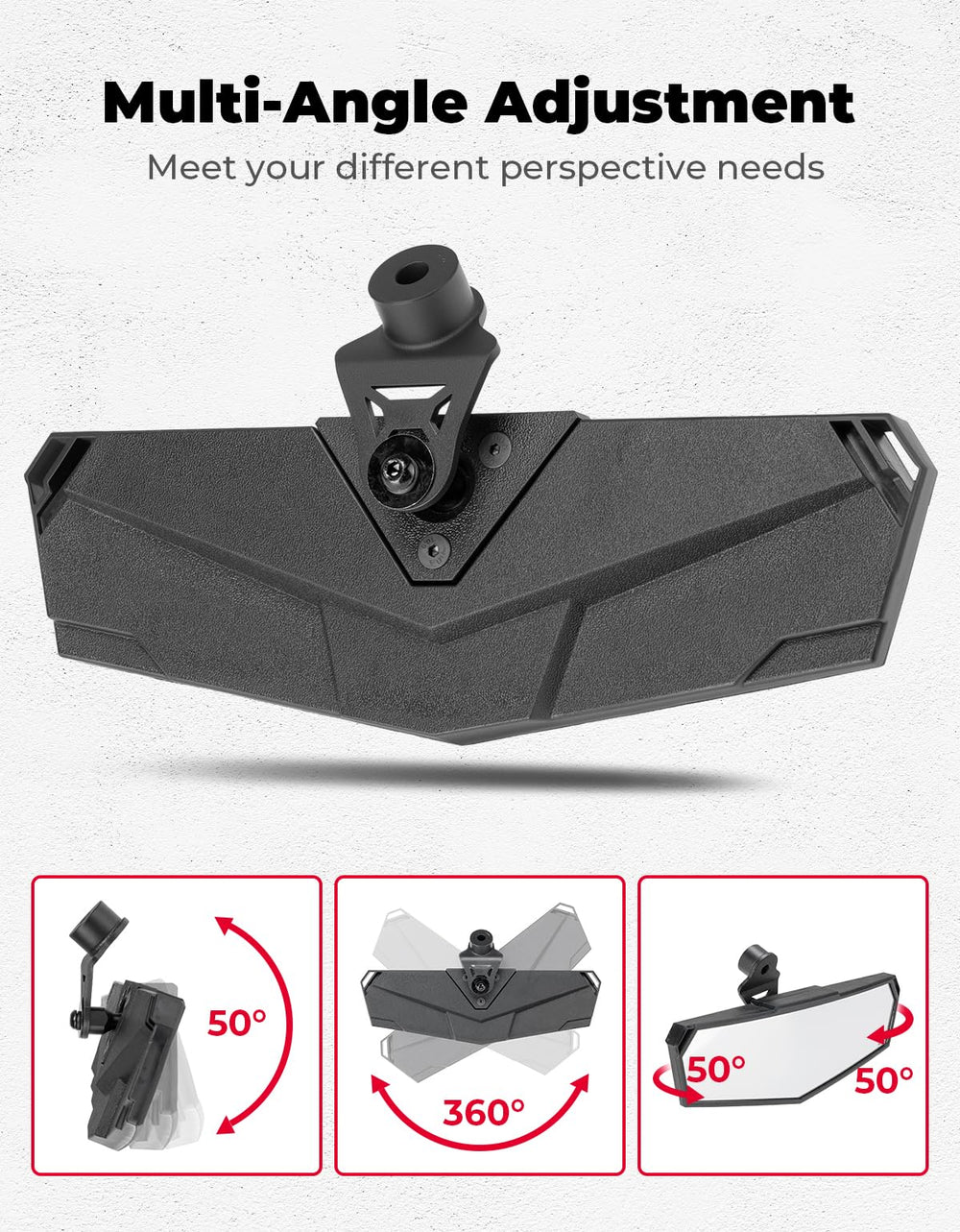 KEMIMOTO rear view mirror shows three-angle adjustment for expanded rear visibility and reduced blind spots.