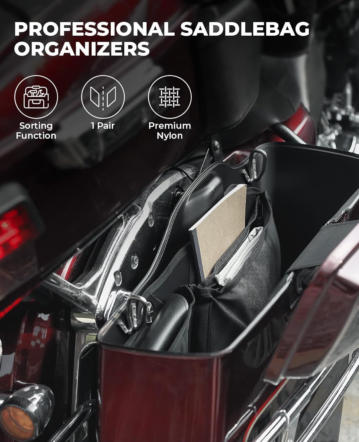 KEMIMOTO saddle bag organizers installed on Road Glide enable quick access