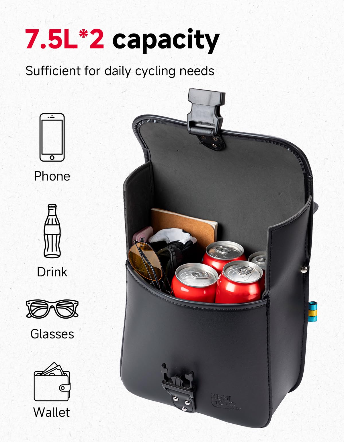 KEMIMOTO saddlebags offer 15L capacity for gloves, tools, water, and essentials.