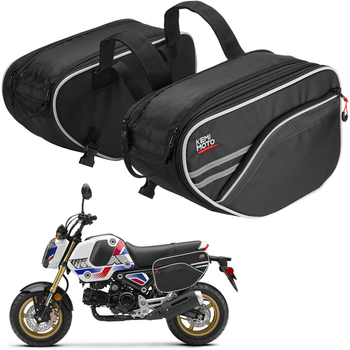 KEMIMOTO expandable saddlebags side extended showing 30L capacity for long rides