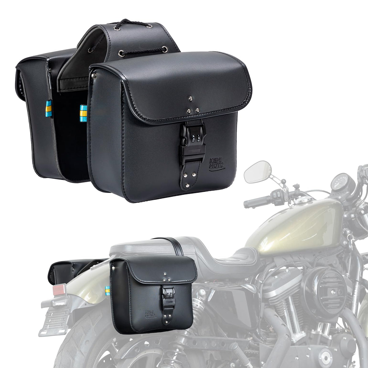 KEMIMOTO saddlebags with quick-release buckles for fast, secure access on rides.