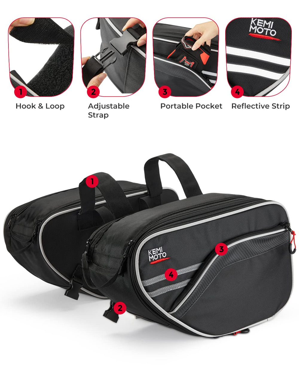 KEMIMOTO reflective strip enhances night visibility on the saddlebags