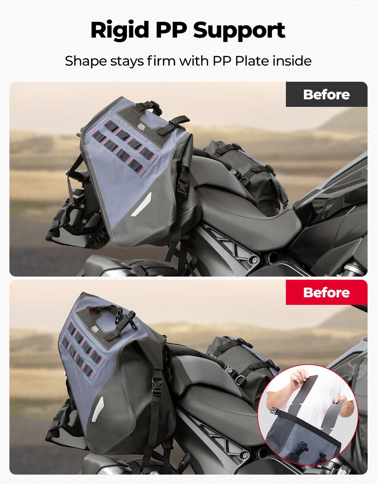KEMIMOTO saddlebags tool attachments via MOLLE for quick repairs.