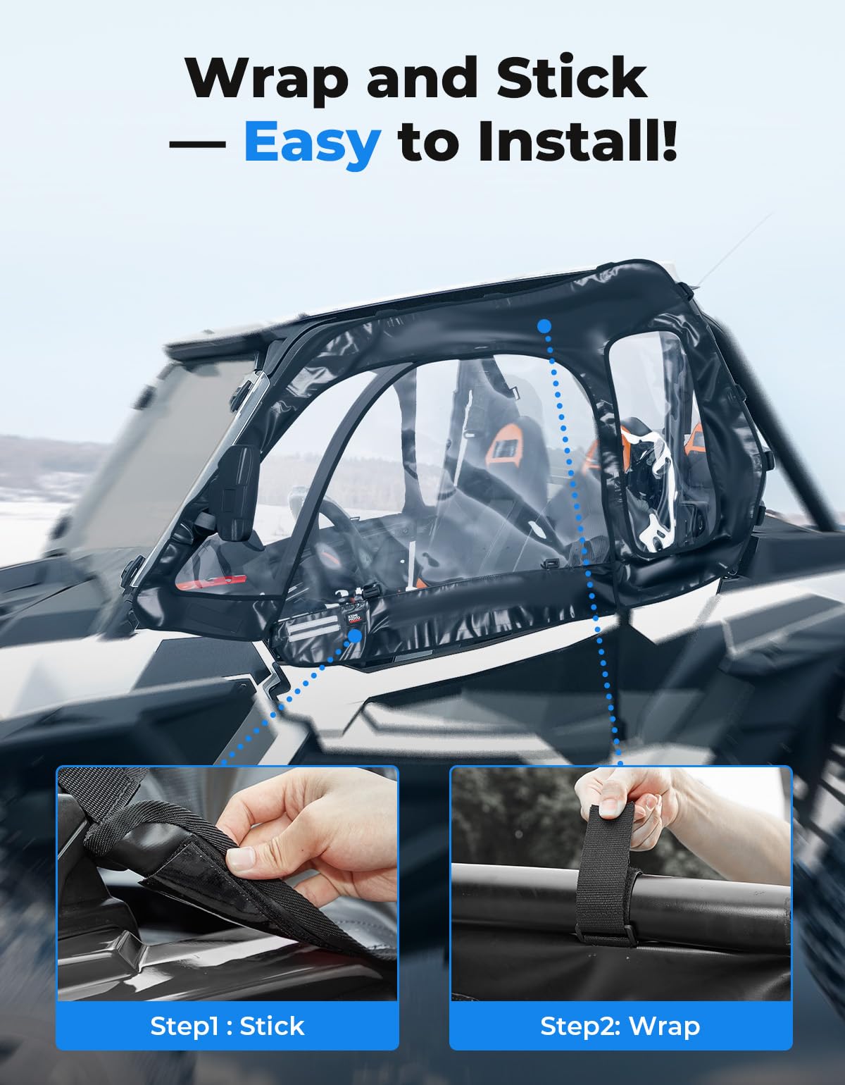 KEMIMOTO roll-up windows vent quickly to adjust airflow on the trail