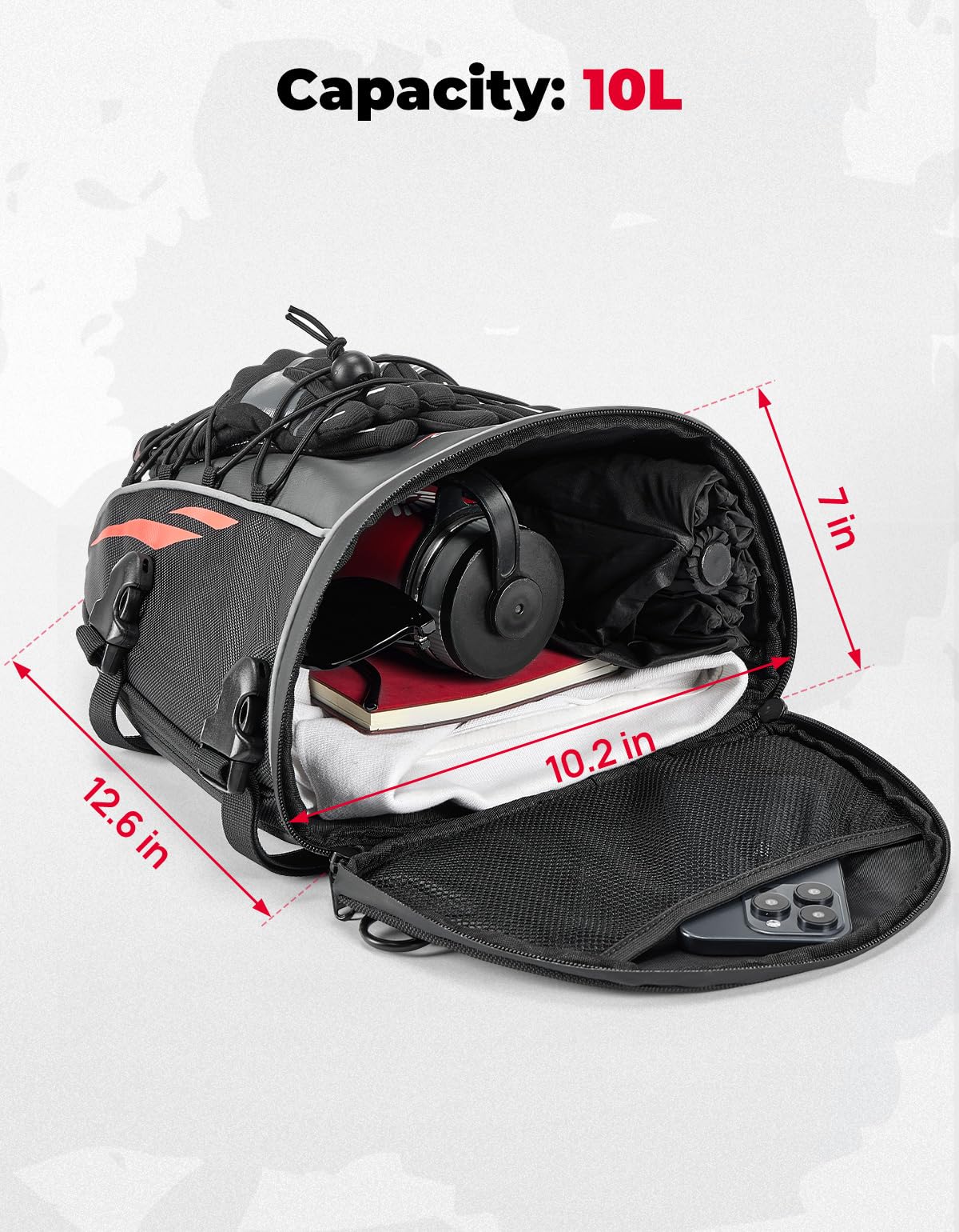 KEMIMOTO tail bag open compartment shows 10L capacity for daily trips.