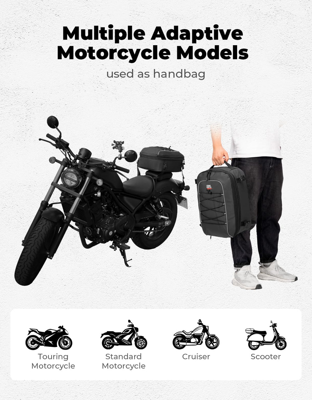 KEMIMOTO tail bag reflective strip enhances night visibility.