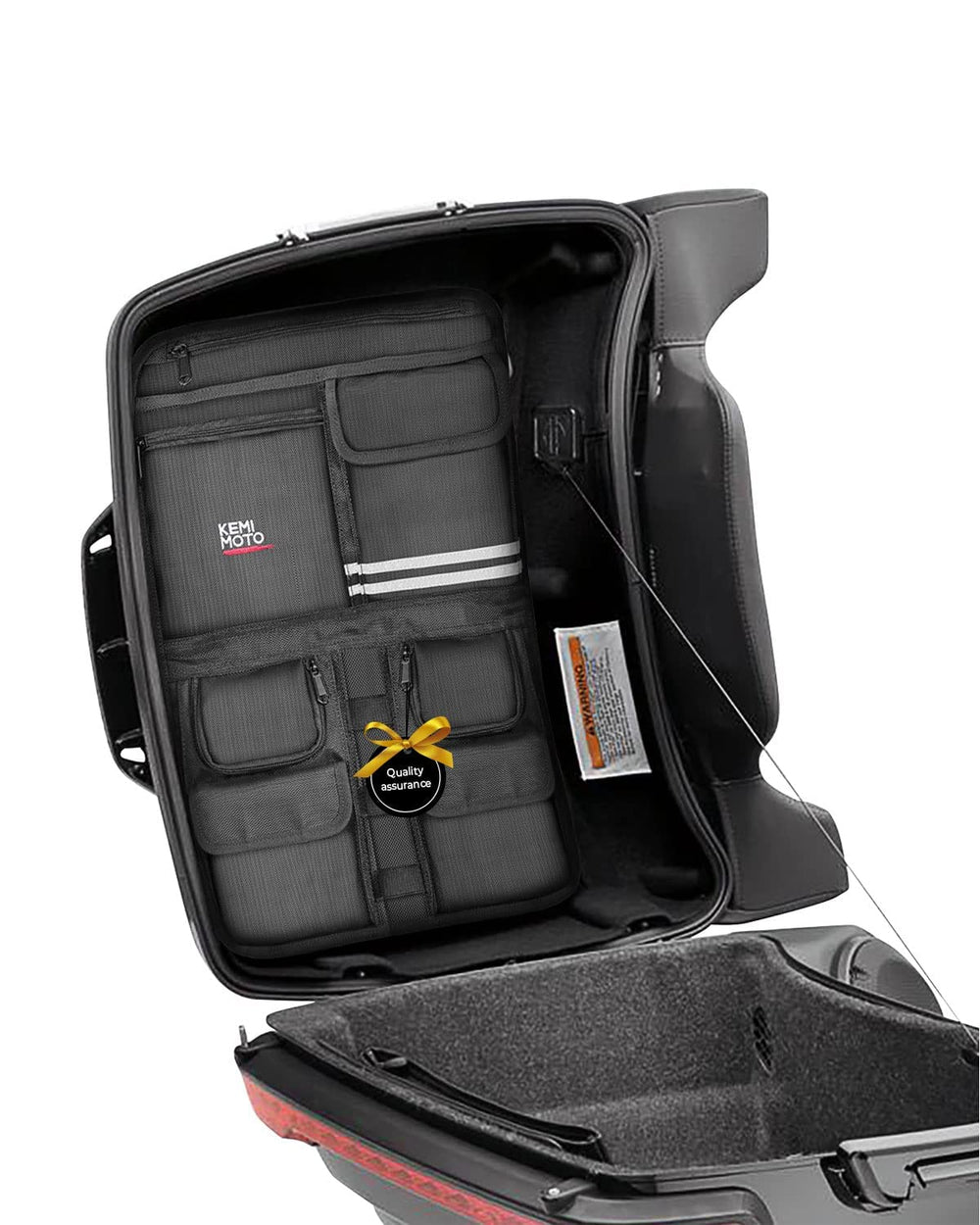 KEMIMOTO lid organizer install view shows quick, secure mounting on touring bikes.