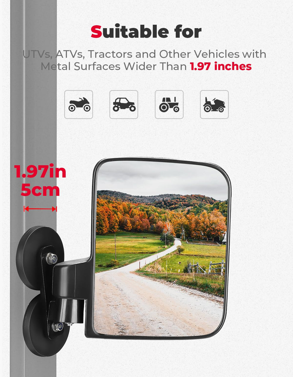 KEMIMOTO wide-application side mirror fits tractors, mowers, and utility vehicles.