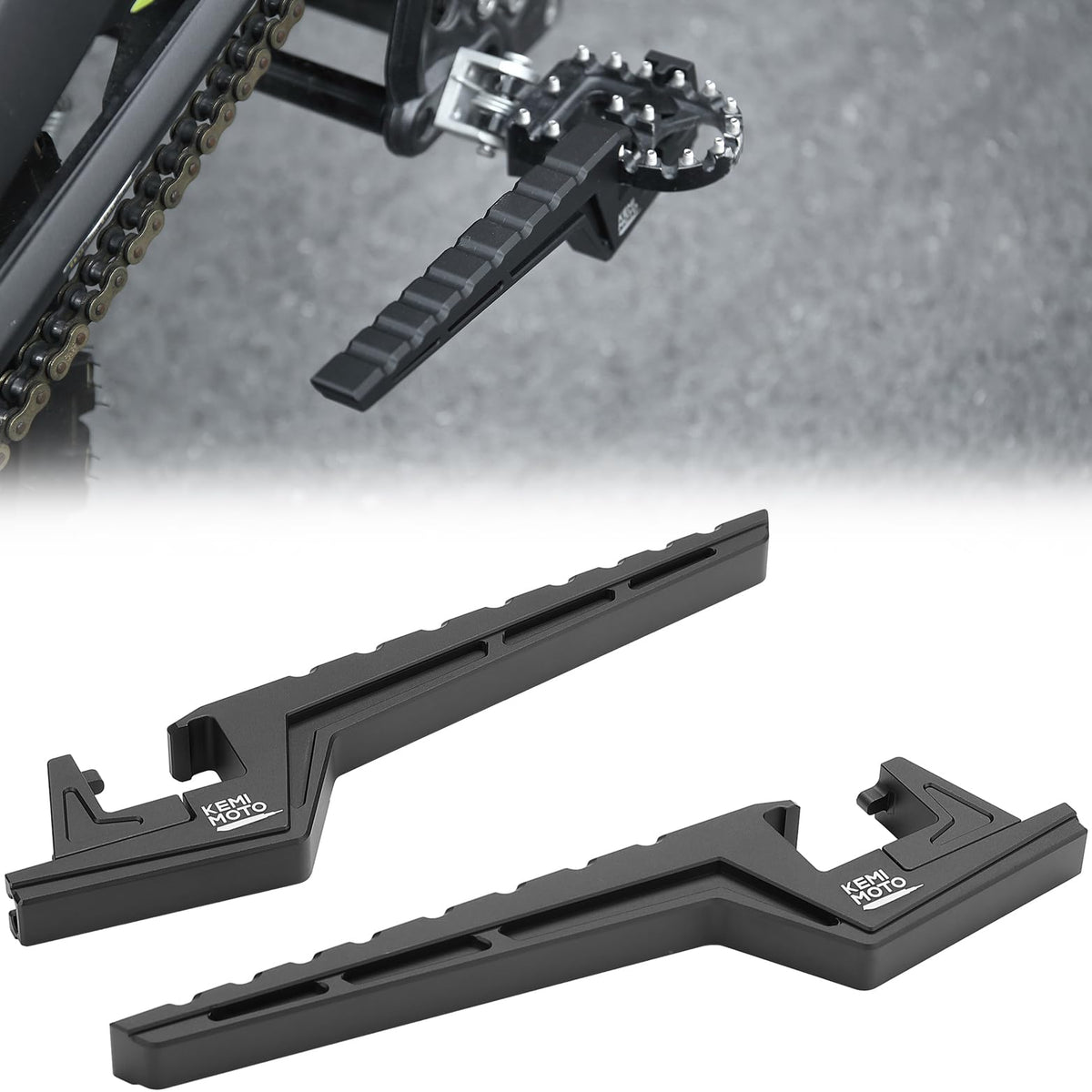 KEMIMOTO universal passenger footpegs on enduro bike provide stable support on rough terrain.