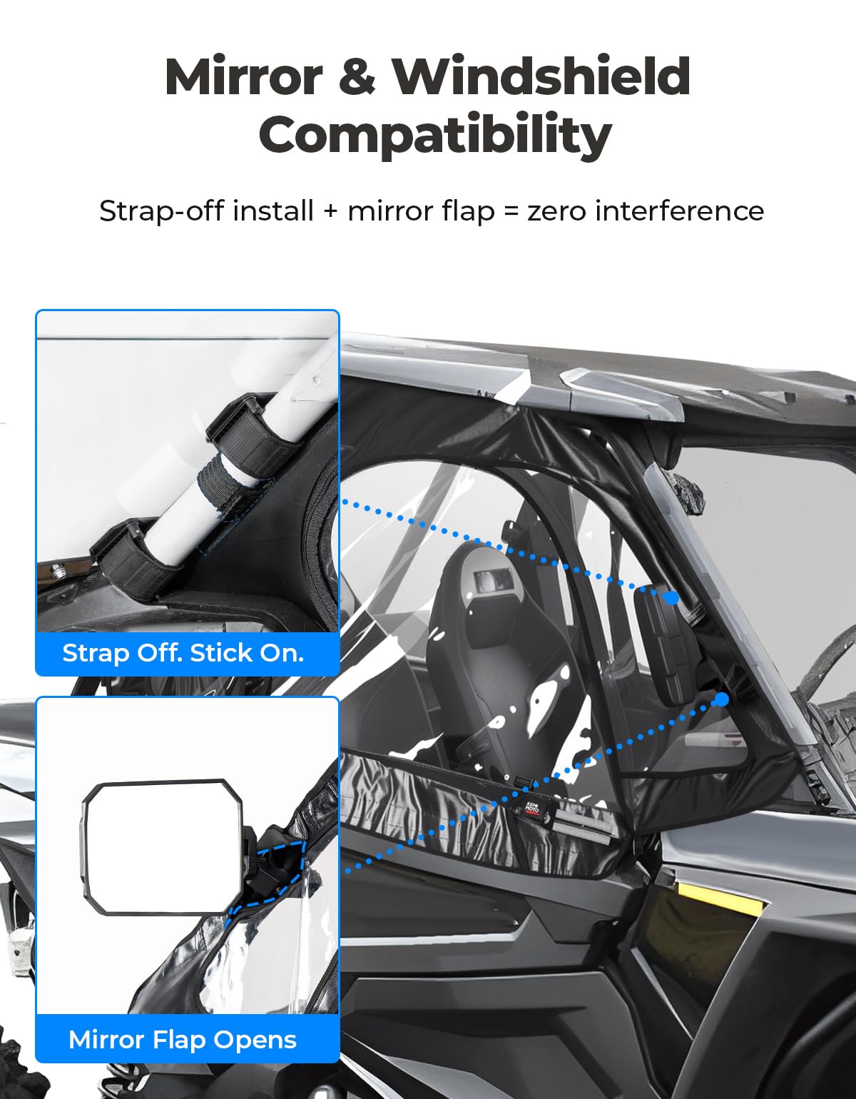 KEMIMOTO soft doors fit over mirrors for unobstructed visibility
