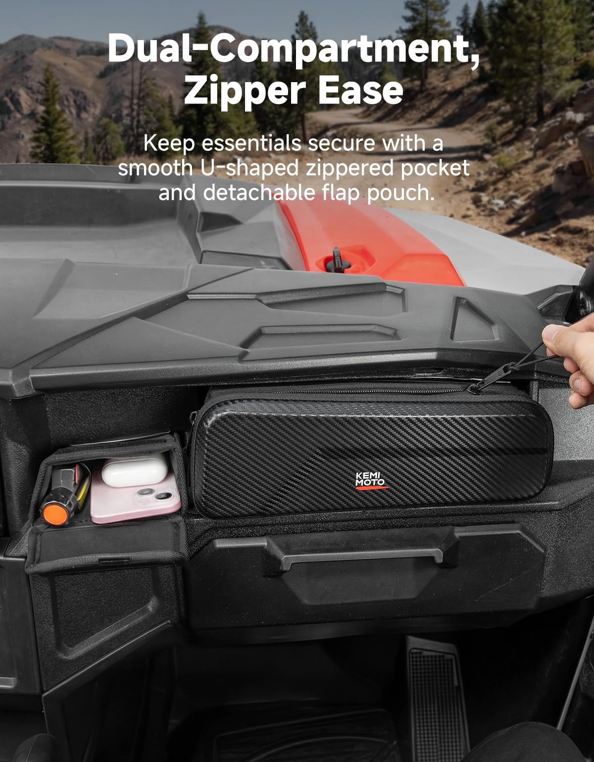 KEMIMOTO UTV bag carbon fiber shell adds rugged style and protection.