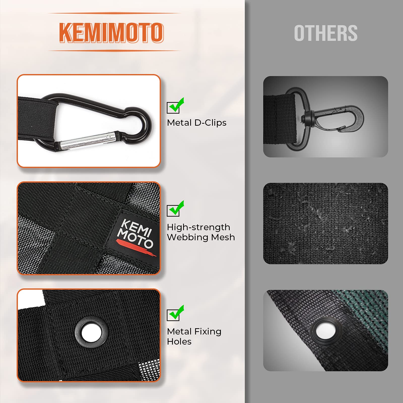 Kemimoto UTV cargo net adjustable holes support universal fit for different models.