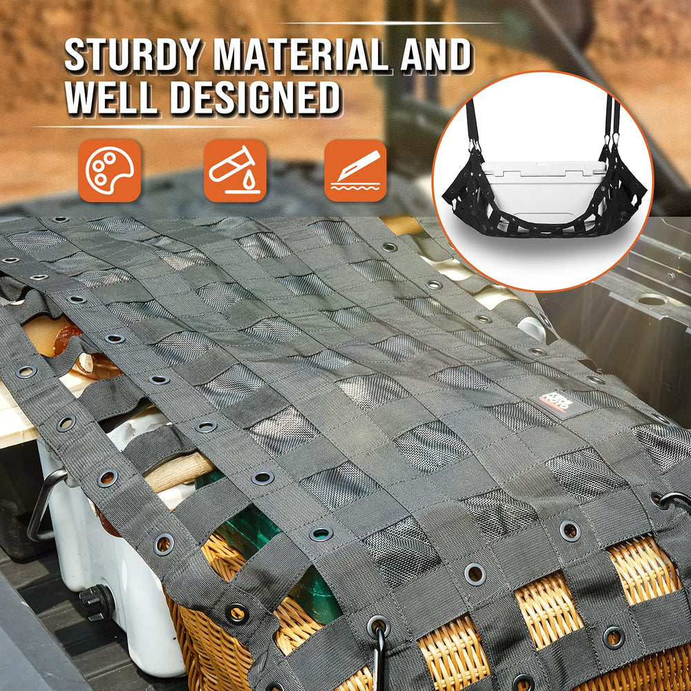 Kemimoto cargo net straps in-use demonstrate quick, tight load containment.
