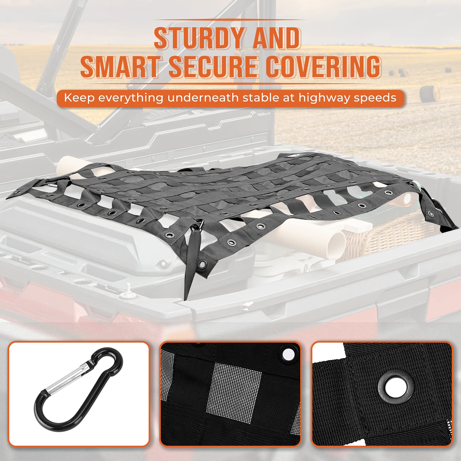Kemimoto UTV cargo net stretched for varying item heights in the bed.